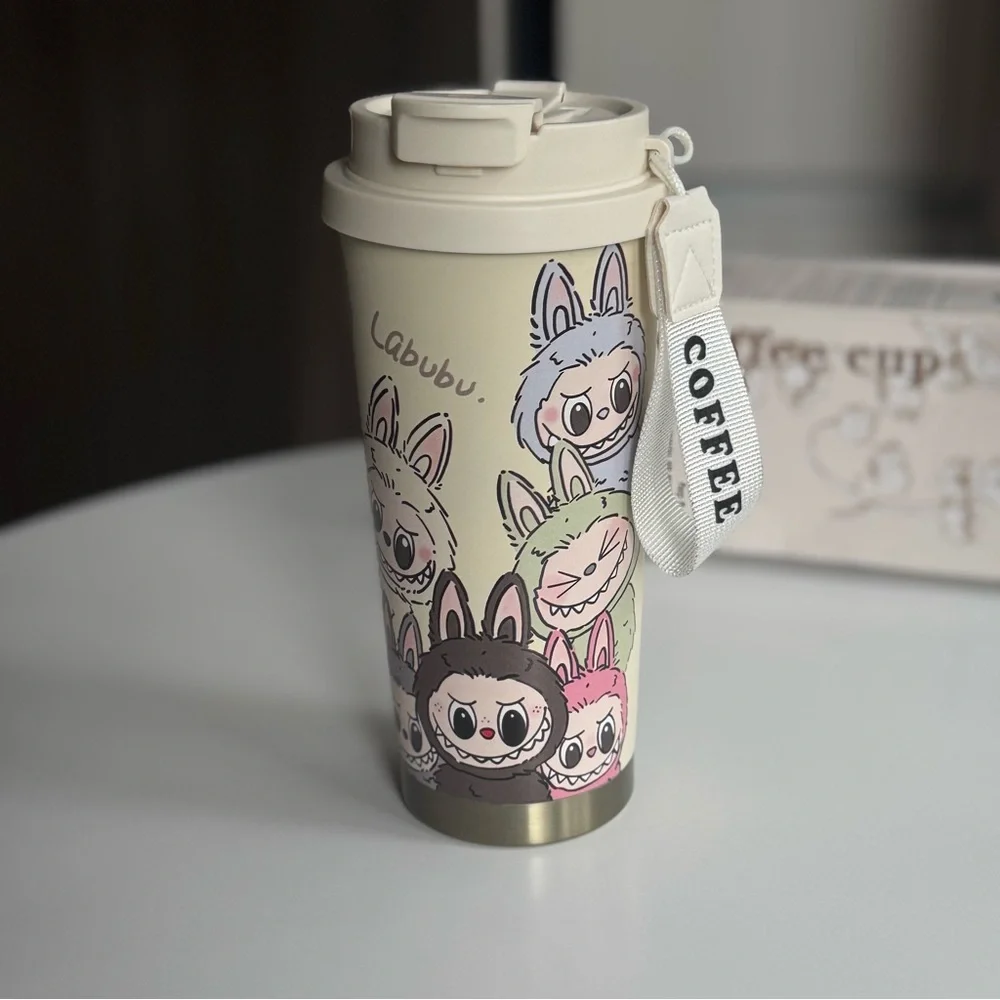 Coffee Travel Mug Cup- Cream Labubu Macaron print with charm - Picture 1 of 9